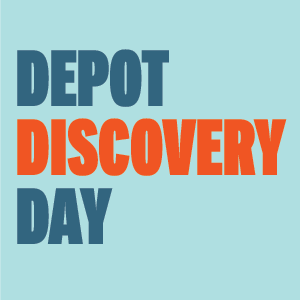 Blue and orange text saying "Depot Discovery Day" on a light blue background.