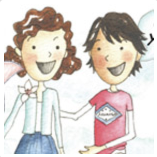 Illustration of a girl and boy standing next to one another smiling.