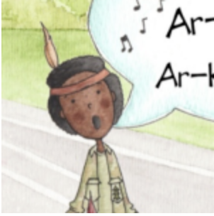 Illustration of a singing child with a feather band on their head.