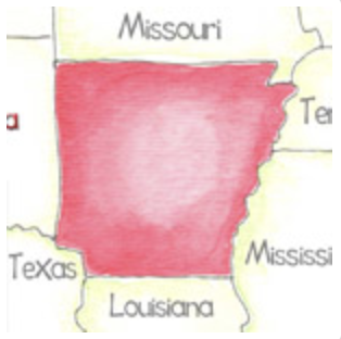 Illustration of Arkansas colored in red and showing states bordering it.